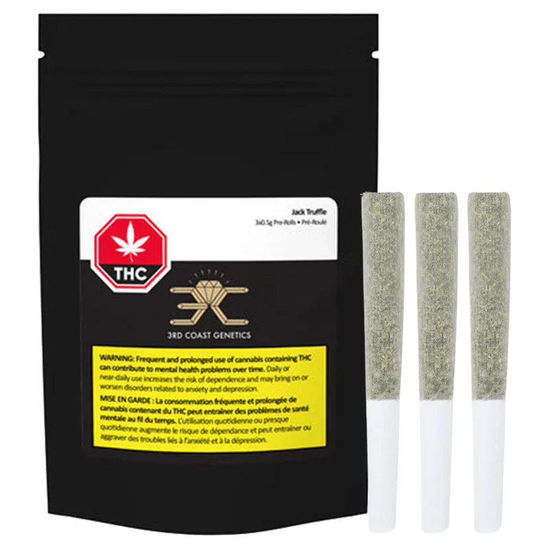 Front view of a black pouch labeled "Jack Truffle PR 3 x 0.5 g" beside three foil‑covered pre-rolls standing upright on a white background.