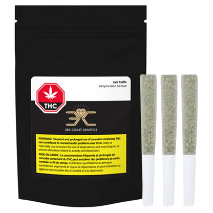 Front view of a black pouch labeled "Jack Truffle PR 3 x 0.5 g" beside three foil‑covered pre-rolls standing upright on a white background.