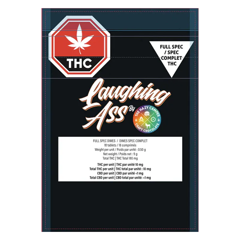 Front-facing pack showing the Full Spec Dimes black pouch with bold "Laughing Ass" logo, THC stop-sign emblem, and white info panel.