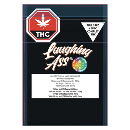 Front-facing pack showing the Full Spec Dimes black pouch with bold "Laughing Ass" logo, THC stop-sign emblem, and white info panel.