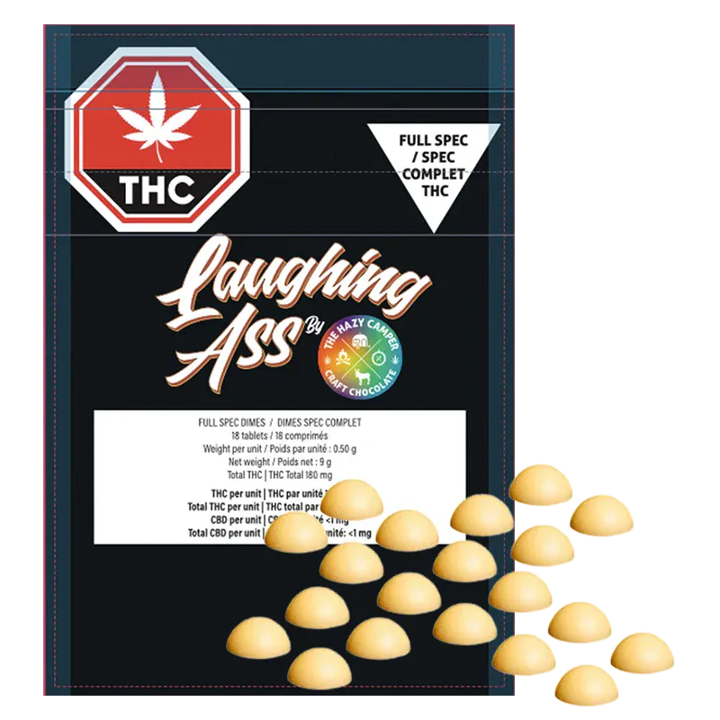 Front view of a black pouch labeled "Laughing Ass" showing a THC warning and scattered dome-shaped yellow tablets, Full Spec Dimes.