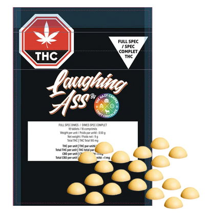 Front view of a black pouch labeled "Laughing Ass" showing a THC warning and scattered dome-shaped yellow tablets, Full Spec Dimes.