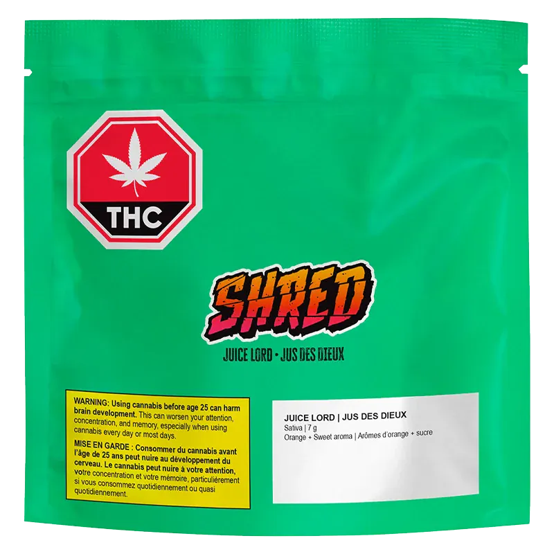 Front-facing shot of a bright green bag labeled Juice Lord Milled Flower with a bold "SHRED" logo, THC symbol, and warning panel.