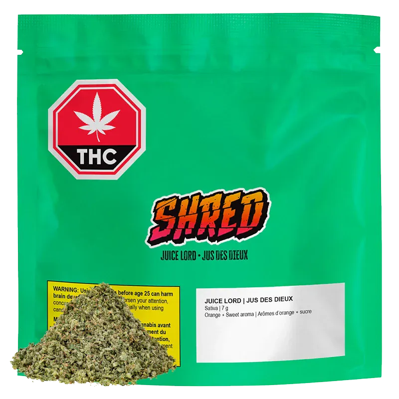 Front-facing shot of a bright green pouch labeled Juice Lord Milled Flower with a red THC stop sign and a sifted pile of green herb at the base.