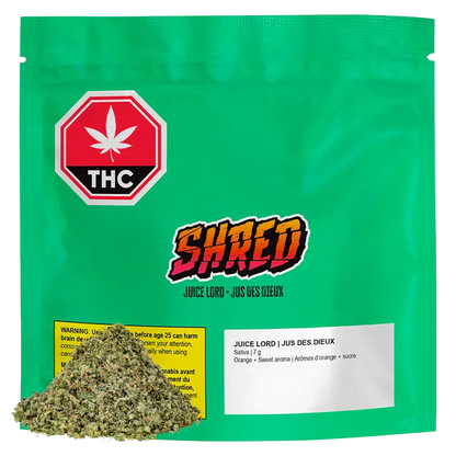 Front-facing shot of a bright green pouch labeled Juice Lord Milled Flower with a red THC stop sign and a sifted pile of green herb at the base.