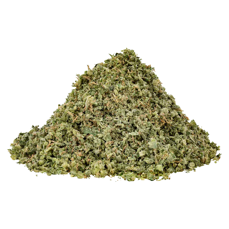 Close-up front view of a loose green pile of shredded plant material labeled Juice Lord Milled Flower.