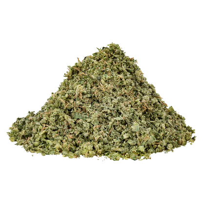 Close-up front view of a loose green pile of shredded plant material labeled Juice Lord Milled Flower.
