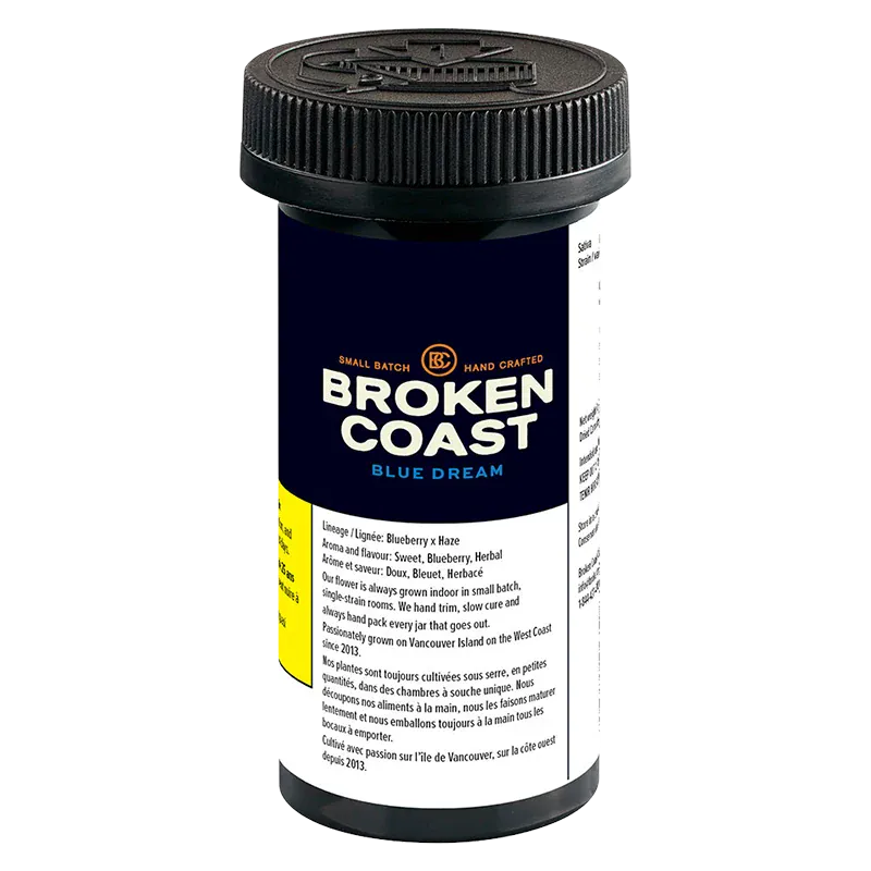 Tall front-facing product photo of the Broken Coast Blue Dream black prescription-style jar with a navy label and readable white text.