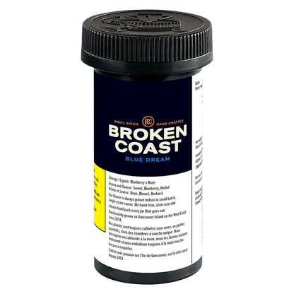 Tall front-facing product photo of the Broken Coast Blue Dream black prescription-style jar with a navy label and readable white text.