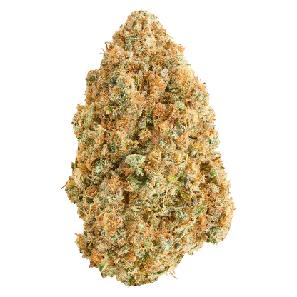 Close-up front view of the bud labeled "Blue Dream," showing dense green and orange trichome-covered clusters against a white background.