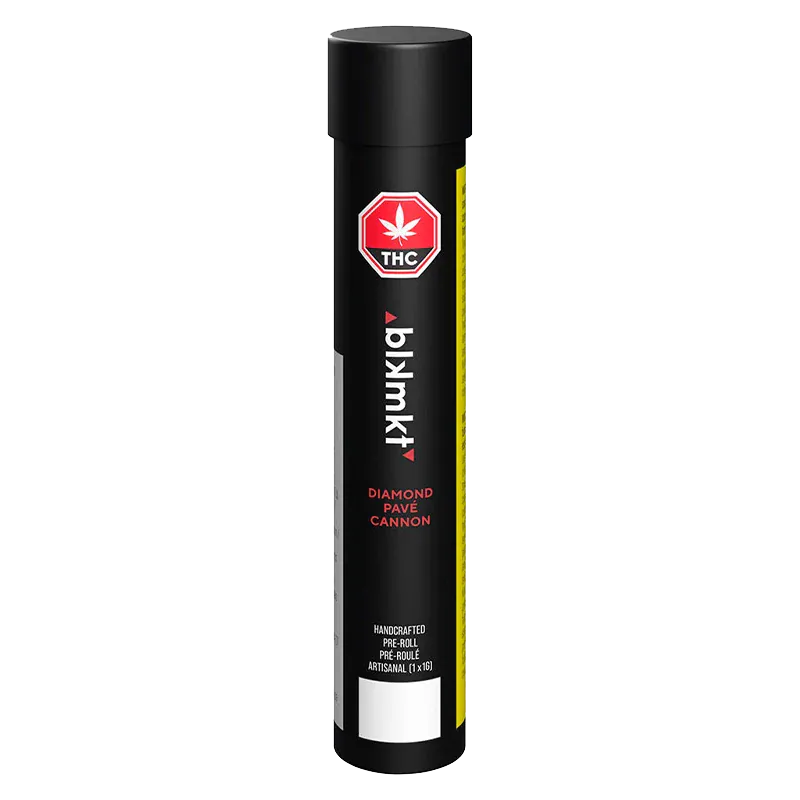 Tall front view of a black tube labeled "Diamond Pave Ceramic Tip Cannon PR 1 x 1 g," centered on a white background with red and yellow accent labels.