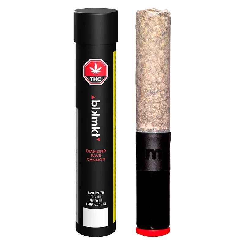 Close-up front view of the Diamond Pave Ceramic Tip Cannon PR 1 x 1 g standing upright next to its black cylindrical tube label.