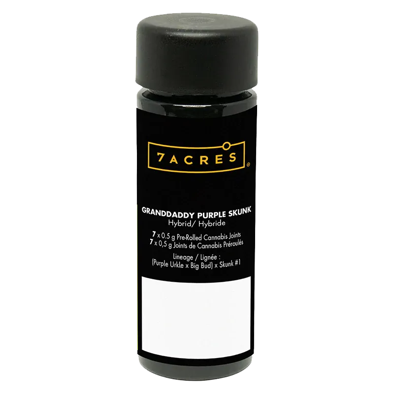 Tall front-facing black 7ACRES Granddaddy Purple Skunk PR 7 x 0.5 g container with yellow logo and white label text on a white background