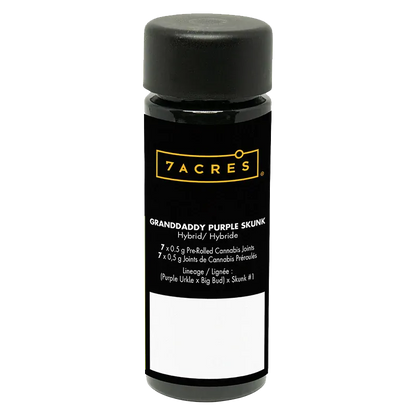 Tall front-facing black 7ACRES Granddaddy Purple Skunk PR 7 x 0.5 g container with yellow logo and white label text on a white background