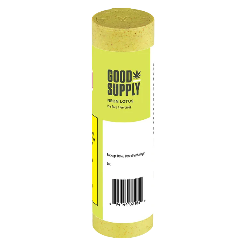Tall front-facing view of the Neon Lotus PR 14 x 0.5 g Good Supply tube with lime-yellow label, cork-textured cap, and a visible barcode.