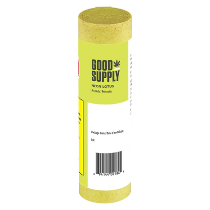 Tall front-facing view of the Neon Lotus PR 14 x 0.5 g Good Supply tube with lime-yellow label, cork-textured cap, and a visible barcode.
