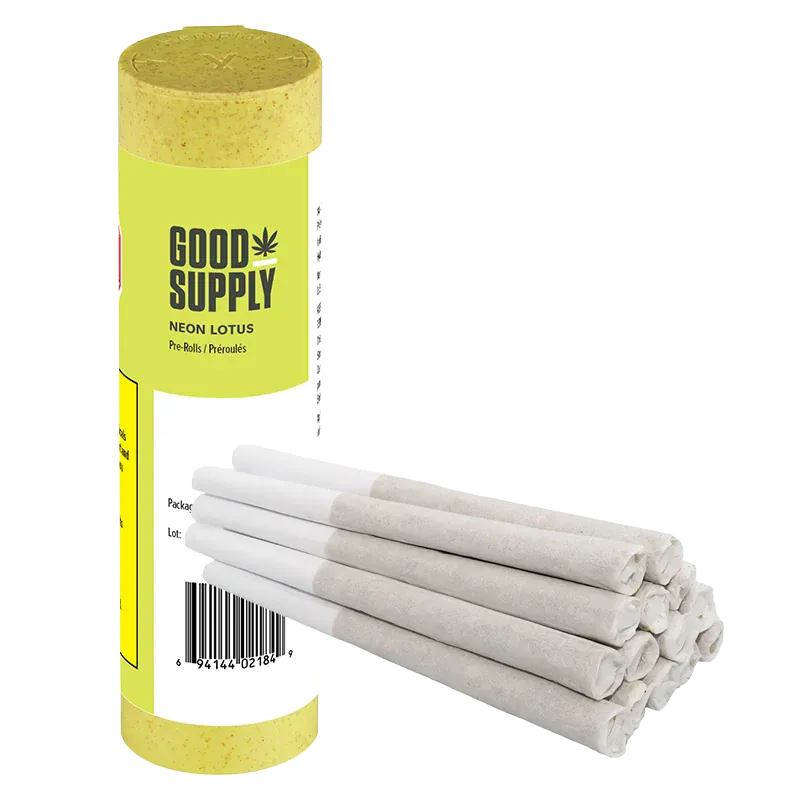 Right-angled view of a neon yellow tube and stacked pre-rolls labeled Neon Lotus PR 14 x 0.5 g by Good Supply.