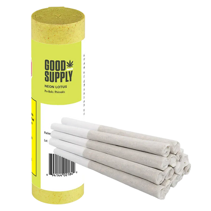 Right-angled view of a neon yellow tube and stacked pre-rolls labeled Neon Lotus PR 14 x 0.5 g by Good Supply.