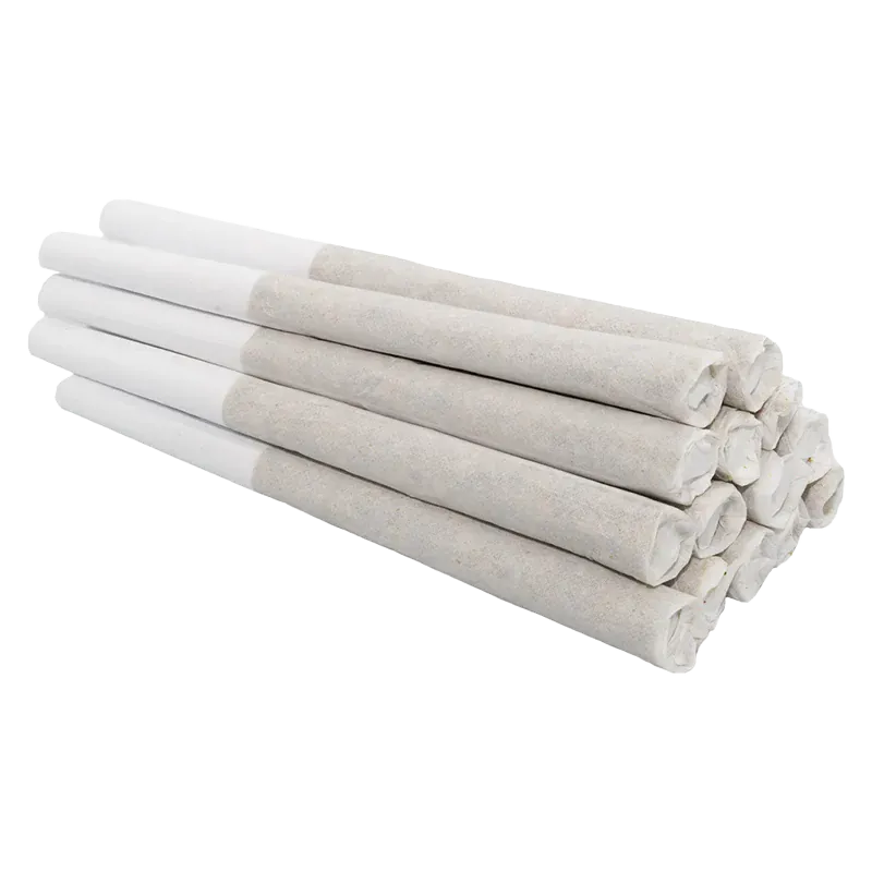 Diagonal close-up of a stacked bundle of rolled white tubes in the Neon Lotus PR 14 x 0.5 g, shown on a white background