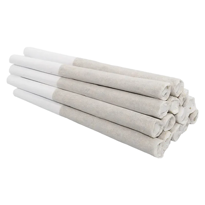 Diagonal close-up of a stacked bundle of rolled white tubes in the Neon Lotus PR 14 x 0.5 g, shown on a white background
