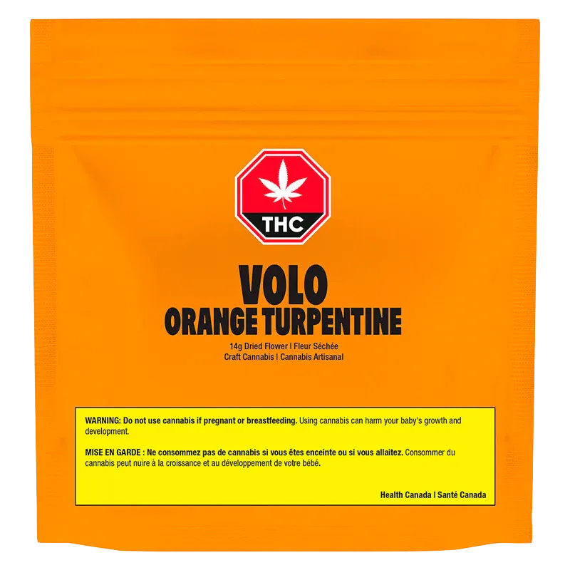 Front-facing shot of the bright orange VOLO Orange Turpentine pouch with bold black lettering and a red THC emblem above a yellow warning box.