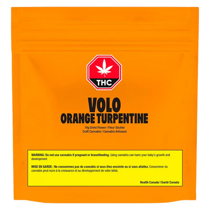 Front-facing shot of the bright orange VOLO Orange Turpentine pouch with bold black lettering and a red THC emblem above a yellow warning box.