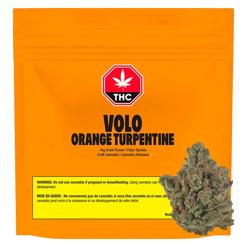 Front view of the bright orange pouch showing the VOLO Orange Turpentine logo and a single cannabis bud at the lower right.