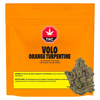 Front view of the bright orange pouch showing the VOLO Orange Turpentine logo and a single cannabis bud at the lower right.