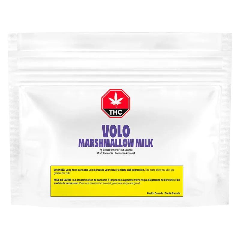 Top-down view of a white resealable pouch labeled "Marshmallow Milk" by Marshmallow Milk with a red THC stop sign emblem.