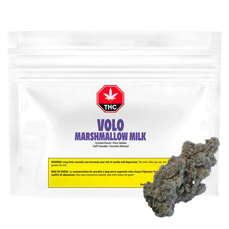 Front-facing white resealable pouch labeled "VOLO MARSHMALLOW MILK" with a red THC symbol above and a cannabis bud positioned at the lower right.