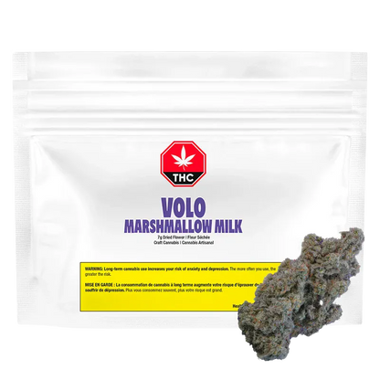 Front-facing white resealable pouch labeled "VOLO MARSHMALLOW MILK" with a red THC symbol above and a cannabis bud positioned at the lower right.