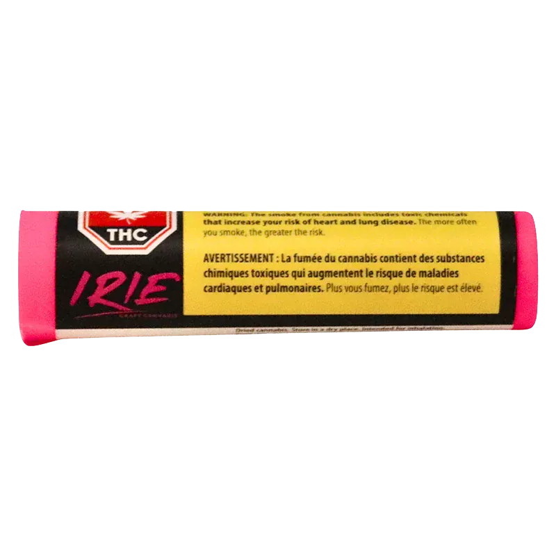 Front-facing close-up of the pink-capped Irie PR 3 x 0.5 g tube with a black and yellow warning label visible across its center