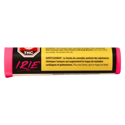 Front-facing close-up of the pink-capped Irie PR 3 x 0.5 g tube with a black and yellow warning label visible across its center