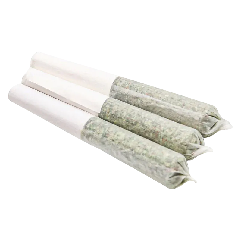 Angled close-up of three pre-rolled joints arranged side by side, labeled "Irie PR 3 x 0.5 g," on a white background.