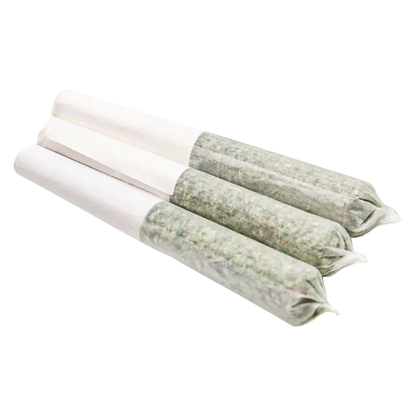 Angled close-up of three pre-rolled joints arranged side by side, labeled "Irie PR 3 x 0.5 g," on a white background.