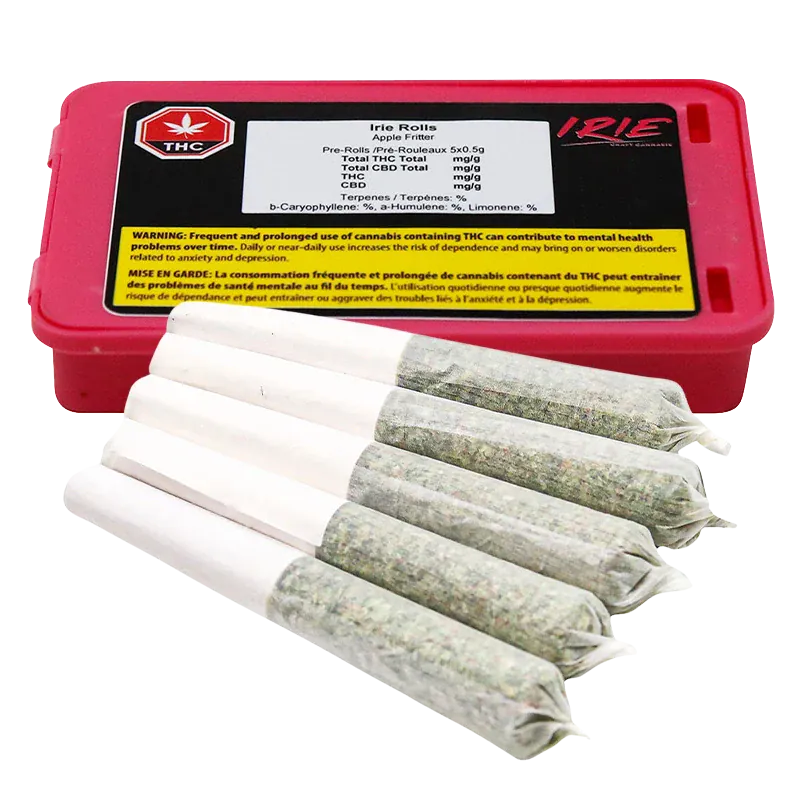 Close-up of seven pre-rolled joints fanned in front of a pink tin labeled "Irie PR 5 x 0.5 g."