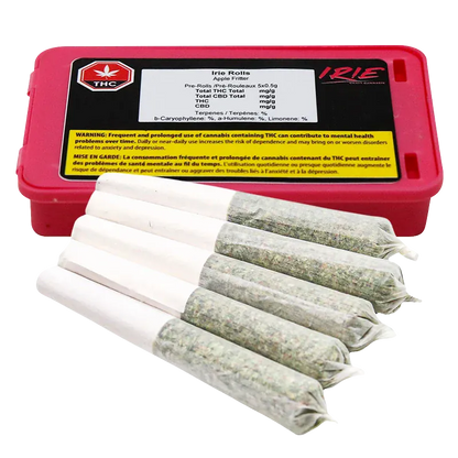 Close-up of seven pre-rolled joints fanned in front of a pink tin labeled "Irie PR 5 x 0.5 g."