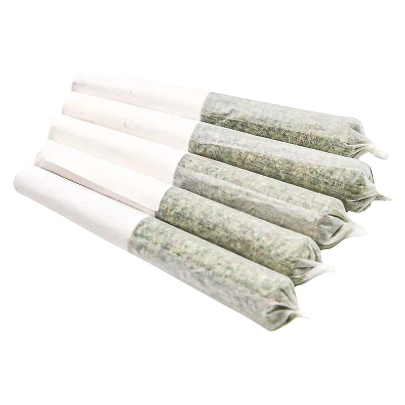 Angled close-up of six rolled cones of Irie PR 5 x 0.5 g resting on a white background, showing twisted tips and paper filters.
