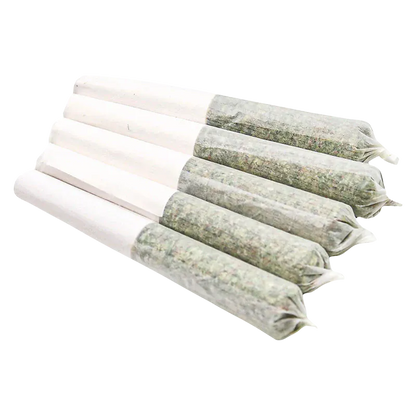 Angled close-up of six rolled cones of Irie PR 5 x 0.5 g resting on a white background, showing twisted tips and paper filters.