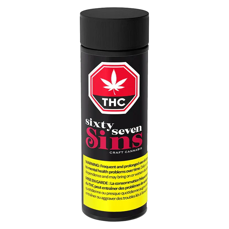 Front view of a black cylindrical container labeled Gas Face PR 7 x 0.5 g with red THC emblem and yellow warning band.