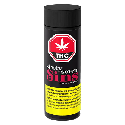 Front view of a black cylindrical container labeled Gas Face PR 7 x 0.5 g with red THC emblem and yellow warning band.