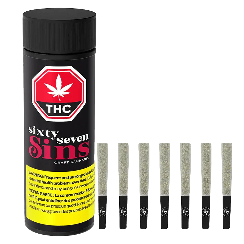 Upright canister and a row of nine prerolled joints photographed front-on against a white background, labeled "Gas Face PR 7 x 0.5 g."