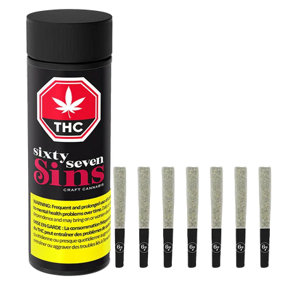 Upright canister and a row of nine prerolled joints photographed front-on against a white background, labeled "Gas Face PR 7 x 0.5 g."