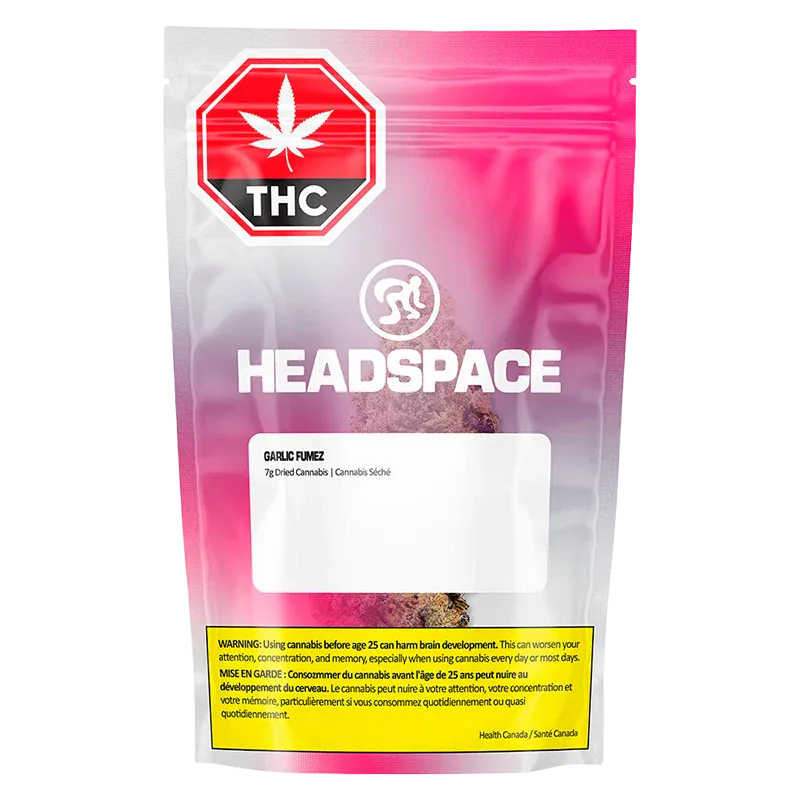 Front-facing shot of the Headspace Garlic Fumez pouch with pink gradient packaging, visible THC symbol and clear product window.