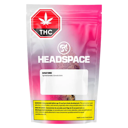 Front-facing shot of the Headspace Garlic Fumez pouch with pink gradient packaging, visible THC symbol and clear product window.