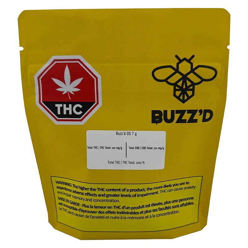 Front-facing shot of the yellow Buzz'd OG pouch with bold bee logo and a red THC stop-sign graphic.