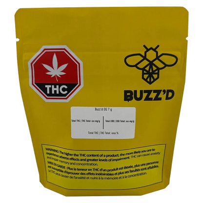Front-facing shot of the yellow Buzz'd OG pouch with bold bee logo and a red THC stop-sign graphic.
