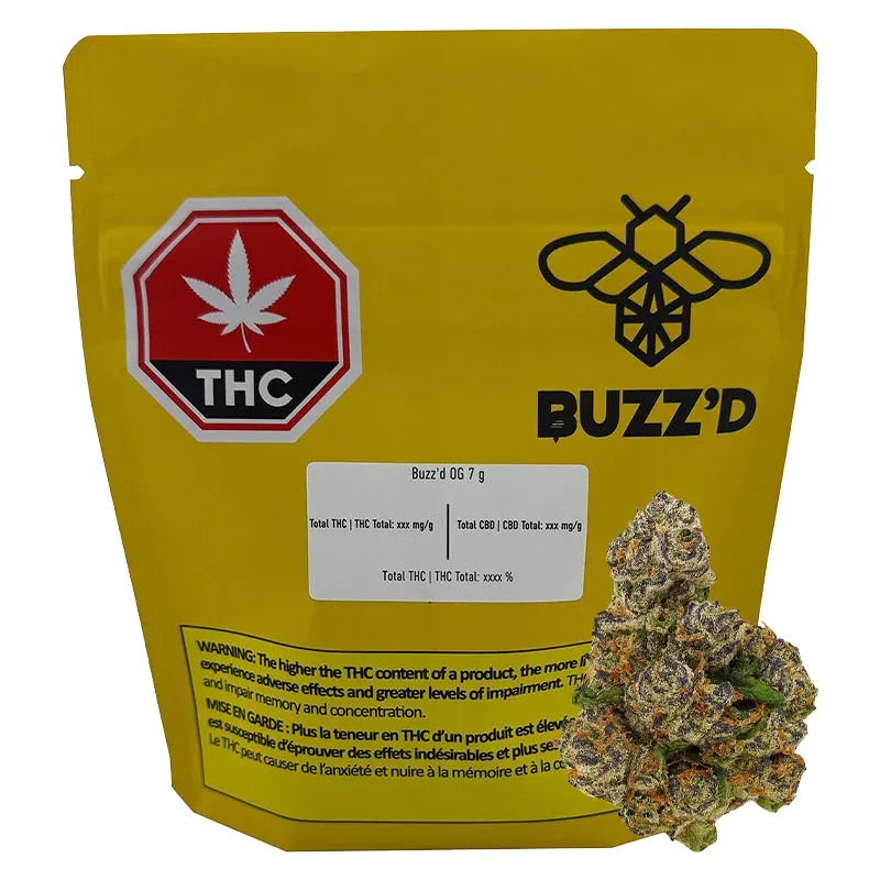 Front-facing view of a yellow pouch labeled "OG" by Buzz'd with a black bee logo, THC stop sign, and cannabis buds at lower right.
