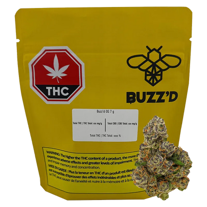 Front-facing view of a yellow pouch labeled "OG" by Buzz'd with a black bee logo, THC stop sign, and cannabis buds at lower right.