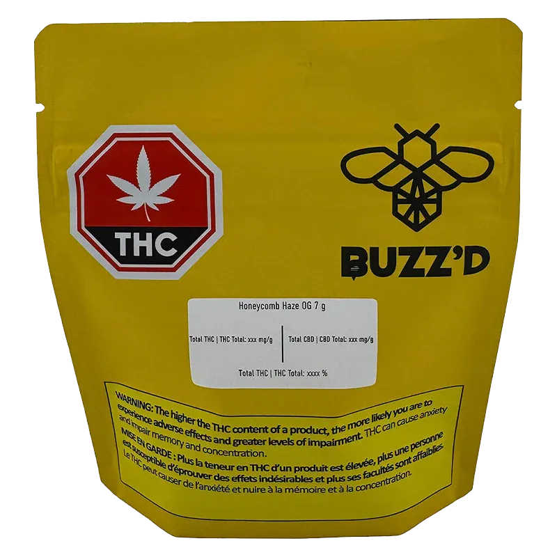 Front-facing photo of the yellow Buzz'D Honeycomb Haze pouch with THC warning label and bee logo centered.
